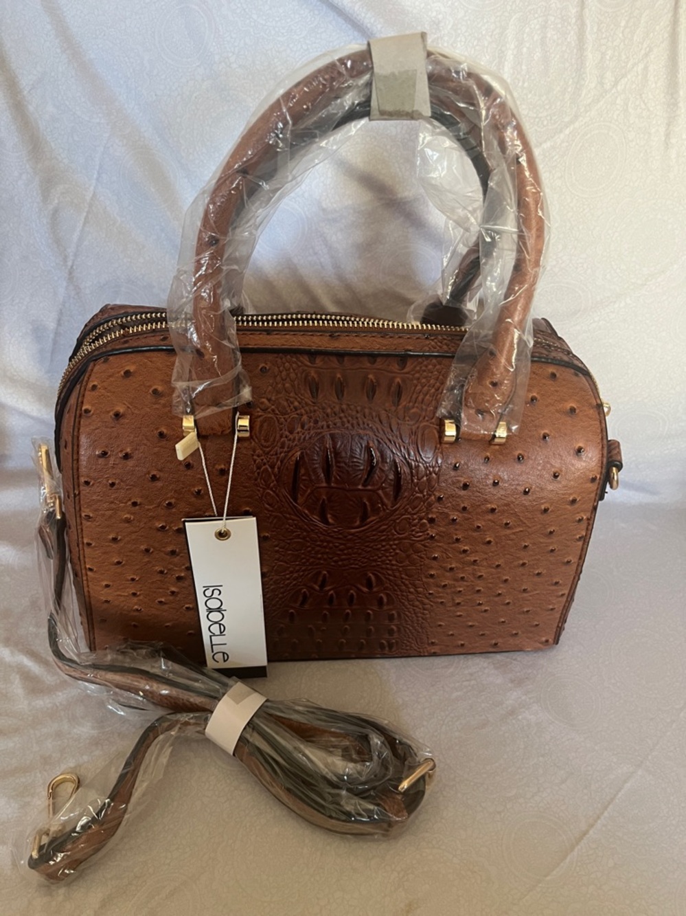Isabelle Brown Embossed Faux-Ostrich Satchel New With Tags